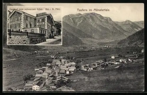 AK Taufers im Münstertale, Gasthof zum schwarzen Adler, Bes. B. Fliri, Ortsansicht aus der Vogelschau