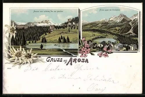 Lithographie Arosa, Ortsansicht von unteren See aus, Blick gegen den Strelapass