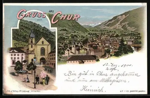 Lithographie Chur, Dom, Ortsansicht