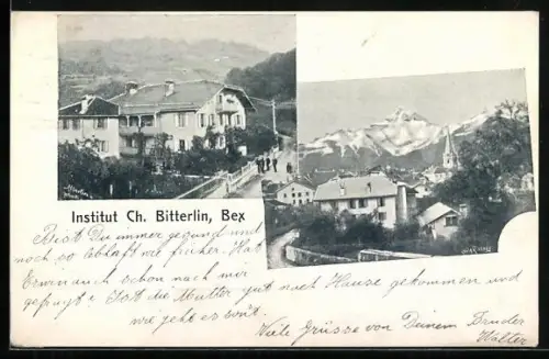 AK Bex, Institut Ch. Bitterlin, Ortsansicht gegen die Berge