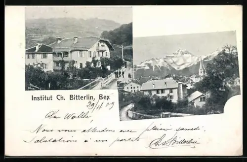 AK Bex, Institut Ch. Bitterlin, Ortsansicht mit Bergpanorama
