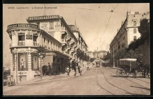 AK Lausanne, L`Avenue Ruchonnet, Strassenbahn