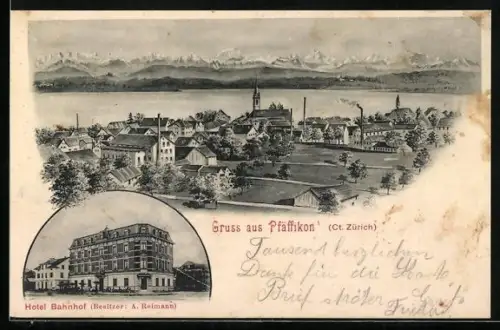 AK Pfäffikon /ZH, Hotel Bahnhof Bes.: A. Reimann, Totale von oben