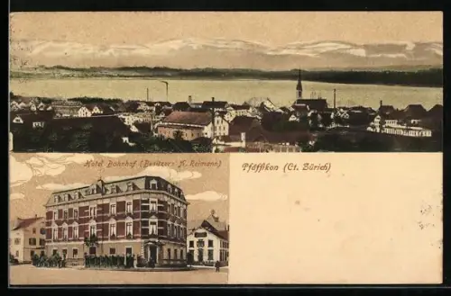 AK Pfäffikon /Zürich, Hotel Bahnhof, Bes. A. Reimann, Ortspanorama