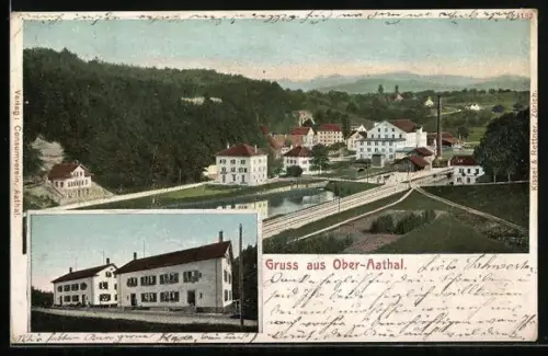 AK Ober-Aathal, Ortsansicht mit Bahngleisen und Bergen der Umgebung