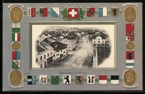 AK Altstetten bei Zürich, Strassenpartie aus der Vogelschau, Wappen