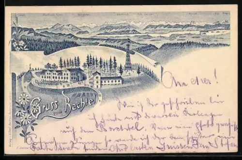 Lithographie Bachtel, Gasthaus und Aussichtsturm auf dem Gipfel