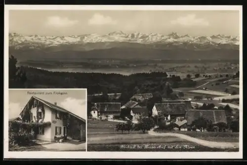 AK Bassersdorf, Birchwil, Restaurant zum Frohsinn, Ortsansicht mit den Alpen