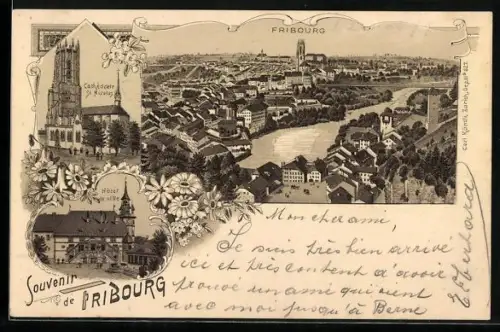 Lithographie Fribourg, Hotel de ville, Cathèdrale St. Nicolas