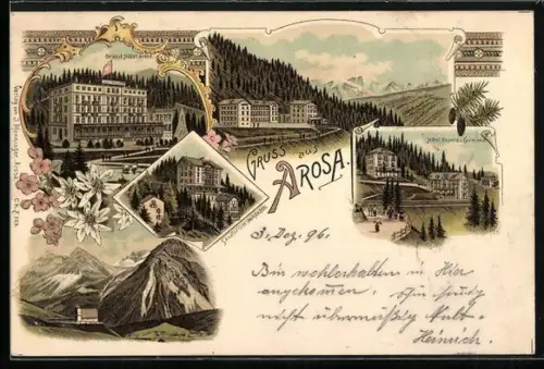 Lithographie Arosa, Grand Hôtel, Hôtel Rhaetia u. Germania, Sanatorium Hohenfels