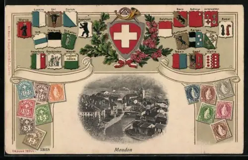 Lithographie Moudon, Panorama, Wappen und Briefmarken