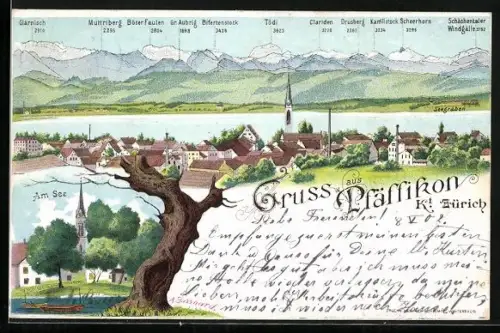 Lithographie Pfäffikon /Kt. Zürich, Am See, Ortsansicht mit Kirche