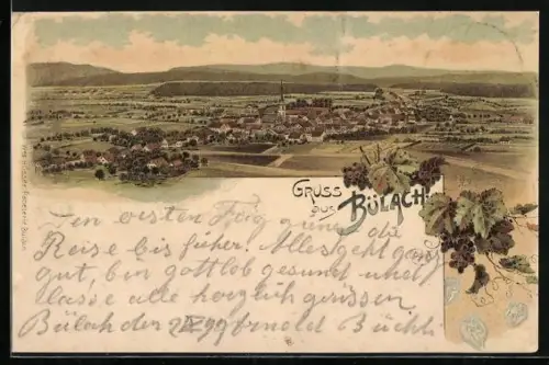 Lithographie Bülach, Ortsansicht aus der Vogelschau