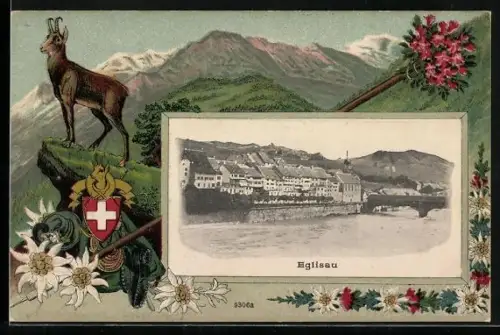 Passepartout-Lithographie Eglisau, Blick zum Ort, Wappen, Gemse, Bergsteigerausrüstung, Edelweiss