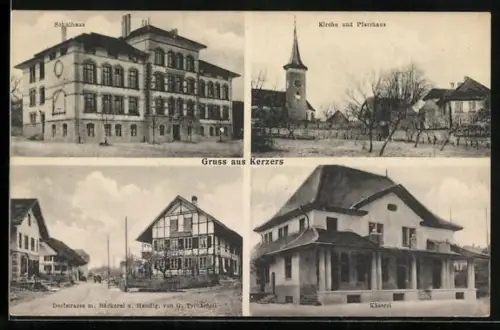 AK Kerzers, Bäckerei u. Handlung v. G. Tschächtli, Dorfstrasse, Käserei