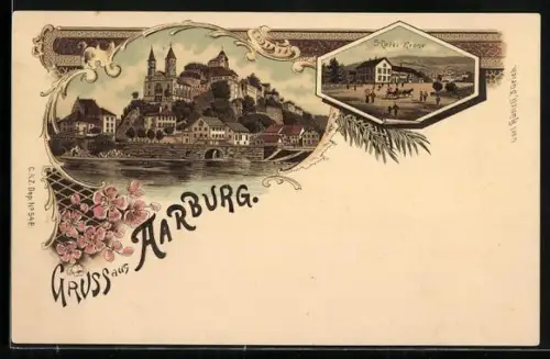 Lithographie Aarburg, Ortspartie, Wartburg Säli