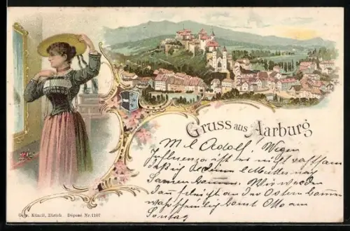 Lithographie Aarburg, Ortsansicht, Dame mit Strohhut