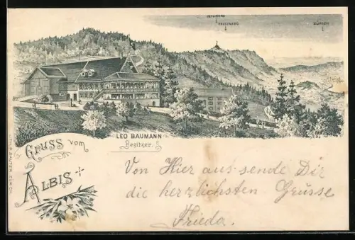 Lithographie Langnau am Albis, Gasthaus von Leo Baumann mit Uetliberg