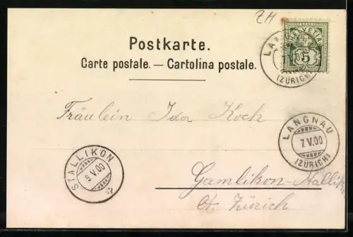 Lithographie Langnau am Albis, Gasthaus von Leo Baumann mit Uetliberg