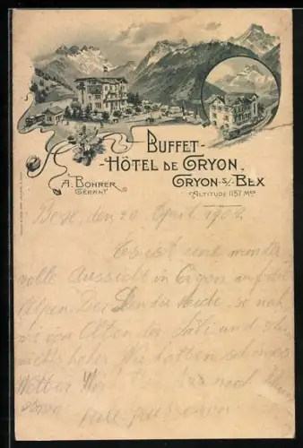 Lithographie Gryon-s-Bex, Buffet Hotel de Gryon v. A. Bohrer