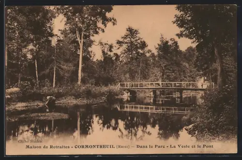 AK Cormontreuil /Marne, Maison de Retraites, Dans le Parc, La Vesle et le Pont