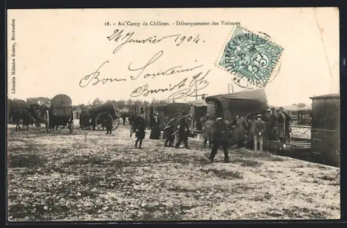 AK Camp de Châlons, Débarquement des Voitures