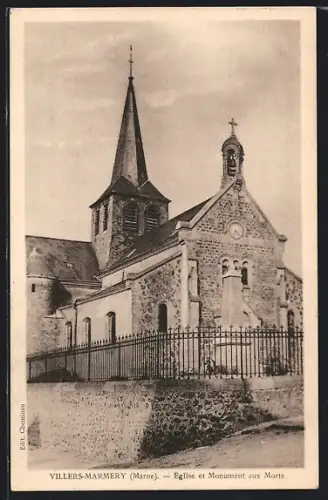 AK Villers-Marmery /Marne, Église et Monument aux Morts