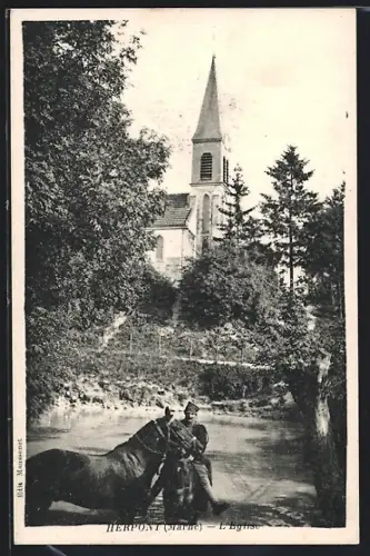 AK Herpont /Marne, L`Église et scène au bord de l`eau avec chevaux