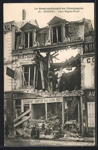 AK Epernay, le restaurant de la place Hugues-Plomb complètement détruit par les bombes 1ere Guerre