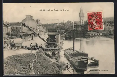 AK Epernay, Bords de Marne, Pferdewagen, Lastkahn