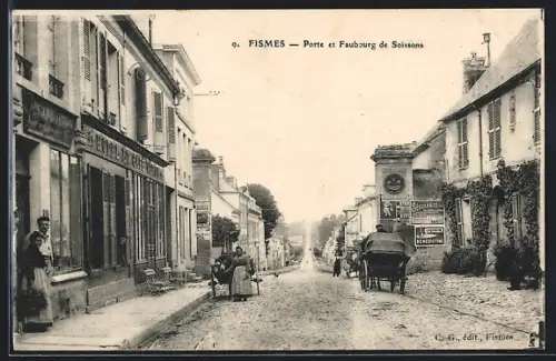 AK Fismes, Porte et Faubourg de Soissons, Hôtel et Café Veron