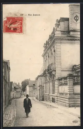 AK Ay, Rue Jeanson avec un homme marchant dans la rue