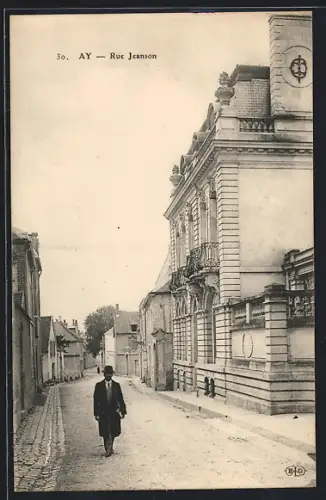 AK Ay, Rue Jeanson avec passant devant un bâtiment élégant