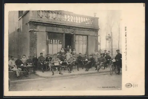 AK Oiry, Les cafés de la Gare avec clients assis en terrasse