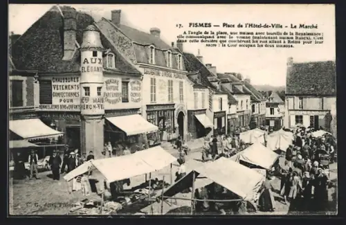 AK Fismes, Place de l`Hôtel-de-Ville, Le Marché animé avec des étals et des passants