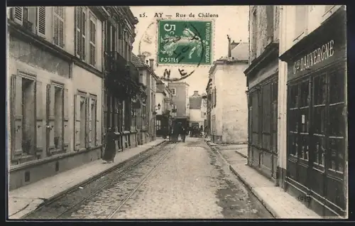 AK Ay, Rue de Châlons avec commerces et voie de tramway