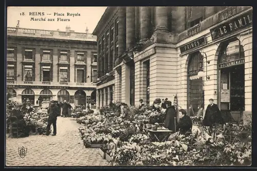 AK Reims, Place Royale, Marché aux Fleurs animée
