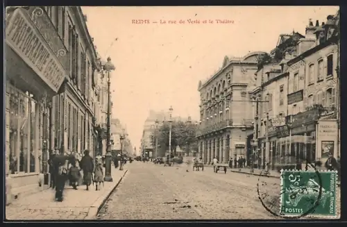 AK Reims, La rue de Vesle et le Théâtre