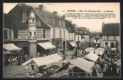 AK Fismes, Place de l`Hôtel-de-Ville, Le Marché animé avec boutiques et étals de marché
