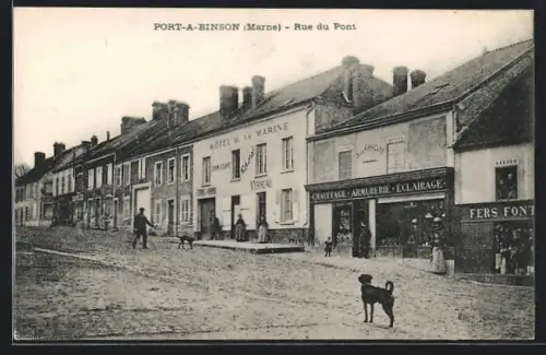 AK Port-a-Binson /Marne, Rue du Pont avec commerces et passants