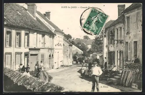 AK Igny-le-Jard, Grande Rue animée avec habitants et maisons anciennes