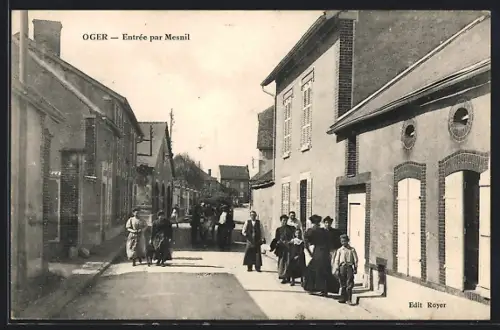 AK Oger, Entrée par Mesnil avec passants dans la rue