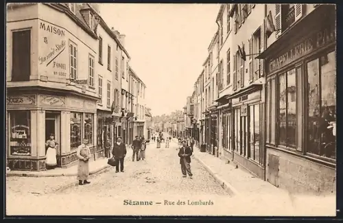 AK Sézanne, Rue des Lombards animée avec passants et boutiques