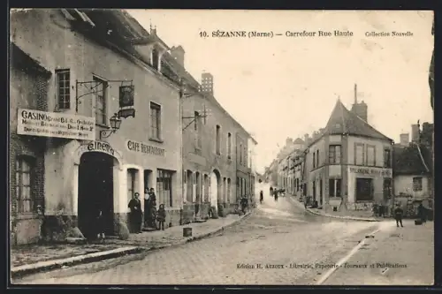 AK Sézanne /Marne, Carrefour Rue Haute et café restaurant animés