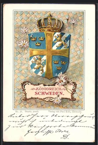Lithographie Schweden, Wappen mit Krone