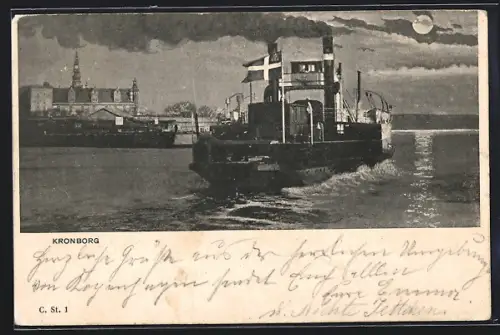 AK Kronborg, Ablegende Eisenbahnfähre bei Nacht