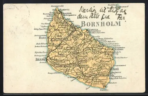 Künstler-AK Rönne /Bornholm, Übersichtskarte der Insel mit Nexö, Svantke, Gudhjem