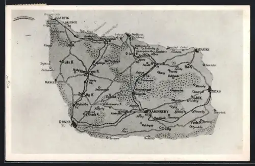 Künstler-AK Rönne, Landkarte mit Nexö, Aakirkeby, Gudhjem