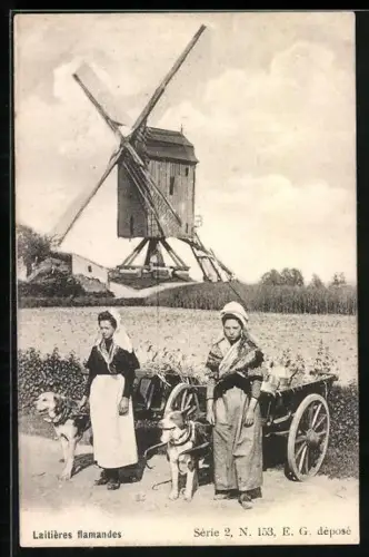 AK Flämische Milchmädchen mit Hundegespann vor einer Windmühle