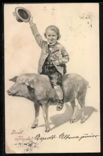 AK Prosit Neujahr!, Bub reitet auf Schwein